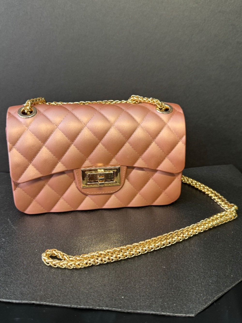 Quilted Crossbody Bag Rose Gold with Gold Chain Turn Lock Small Shoulder Purse